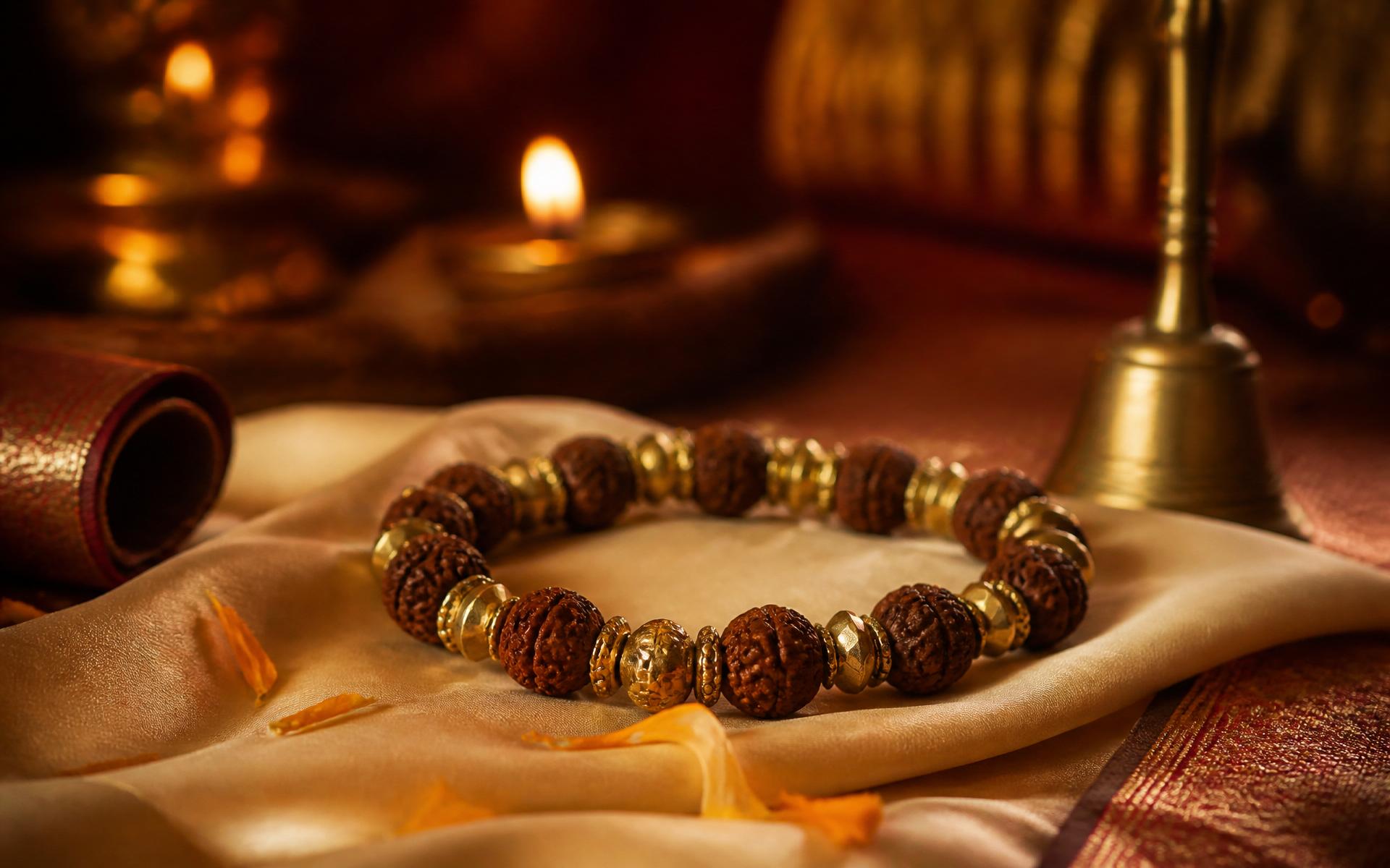 Rudraksha & Pyrite — lit by lamp, blessed by mantra.