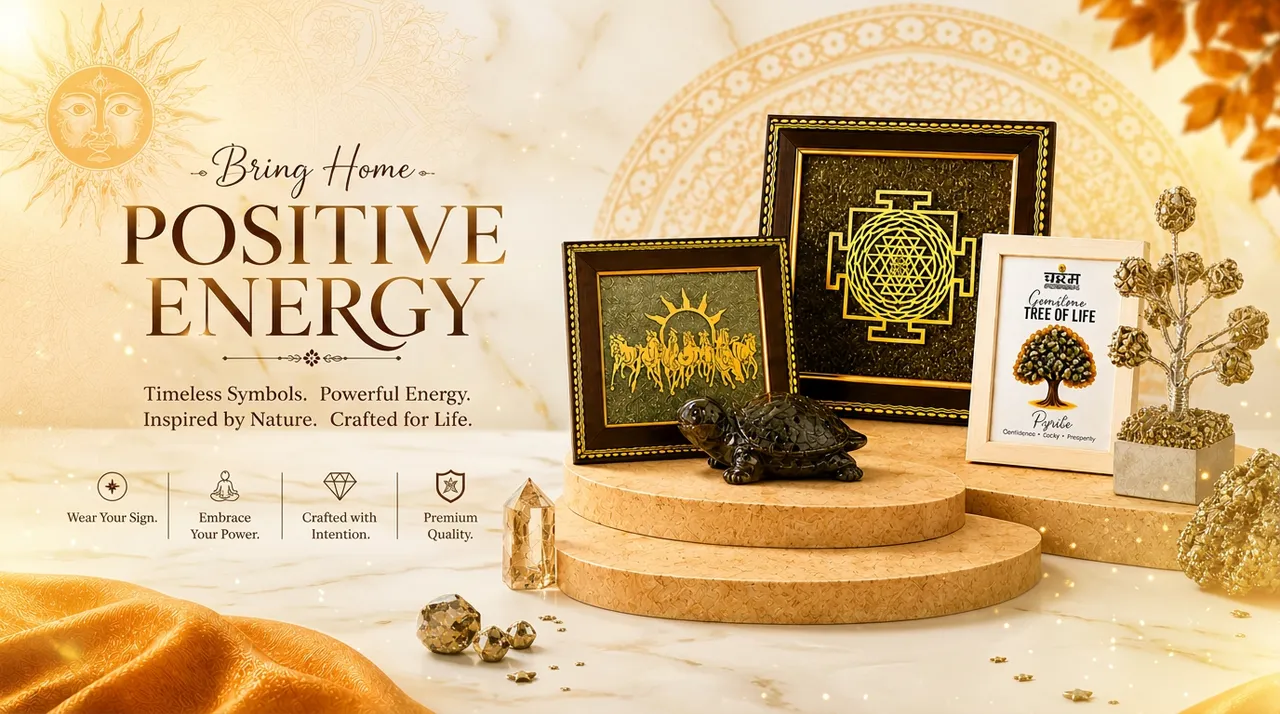 Chandram Vastu energy collection — lab-certified crystal bracelets, pyrite clusters and Vastu frames